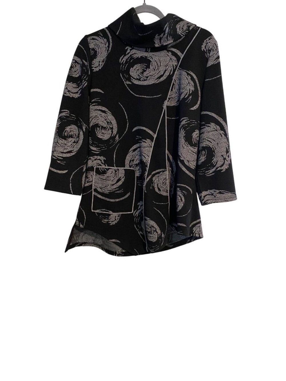 Feratelli Women's L Black Gray Tunic Top Pullover Cowl Neck Abstract Lagenlook